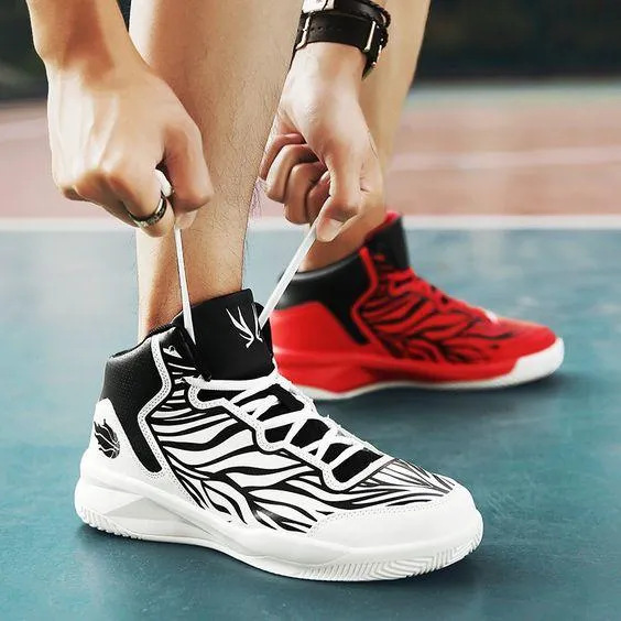 A Couple White & Red High-top Basketball Shoes