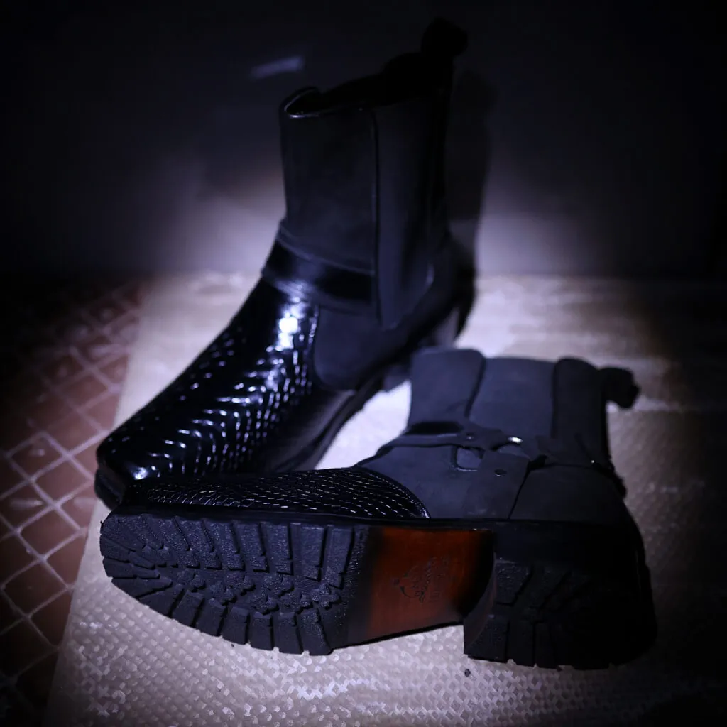 Black Viper Croc-Embossed Leather Boots with Rugged Rubber Sole