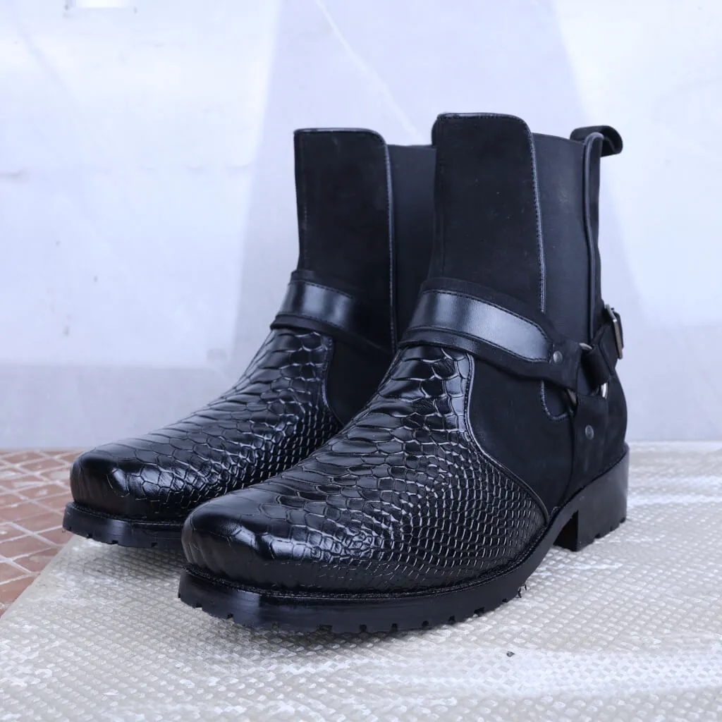 Black Viper Croc-Embossed Leather Boots with Rugged Rubber Sole