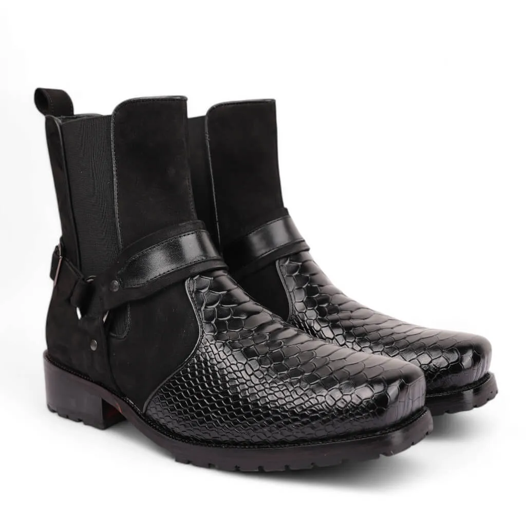 Black Viper Croc-Embossed Leather Boots with Rugged Rubber Sole