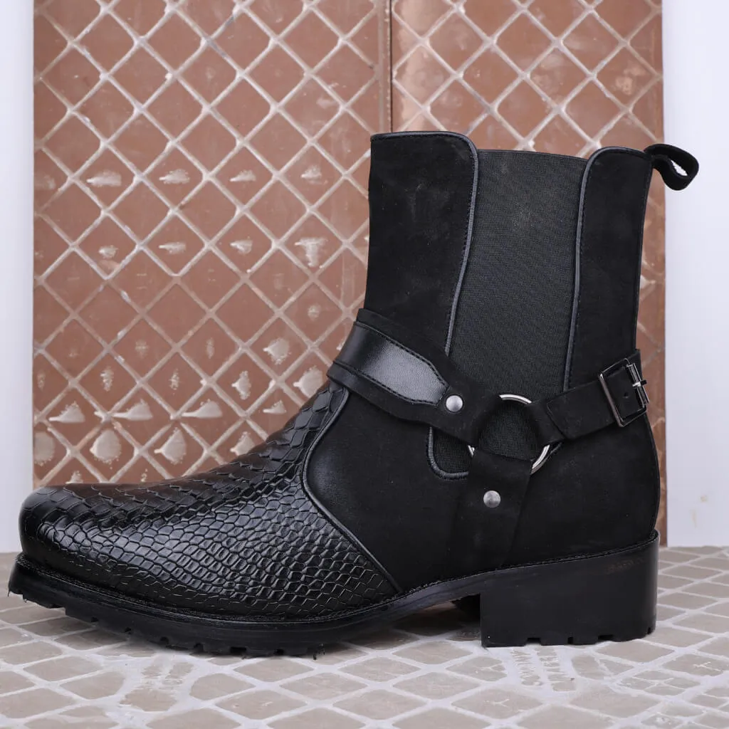 Black Viper Croc-Embossed Leather Boots with Rugged Rubber Sole