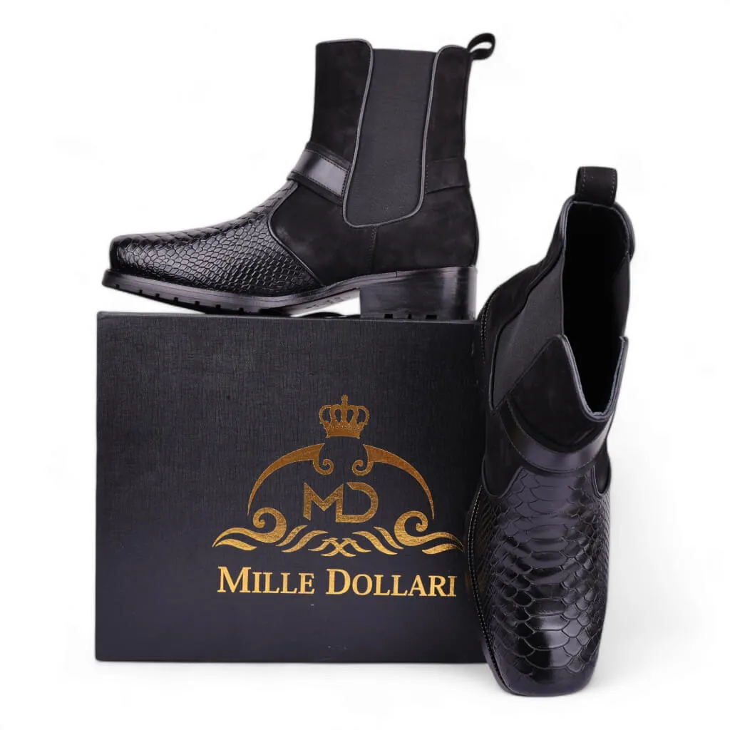 Black Viper Croc-Embossed Leather Boots with Rugged Rubber Sole