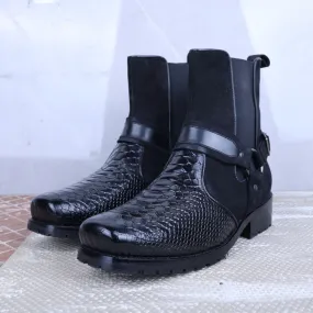 Black Viper Croc-Embossed Leather Boots with Rugged Rubber Sole