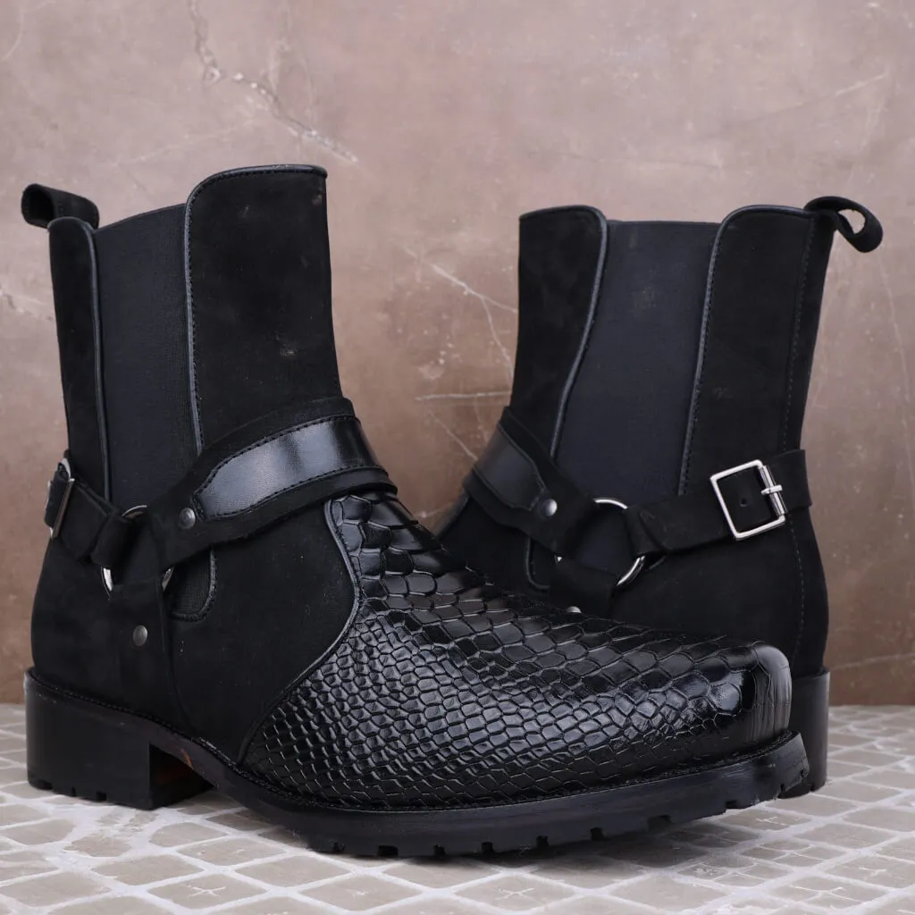 Black Viper Croc-Embossed Leather Boots with Rugged Rubber Sole