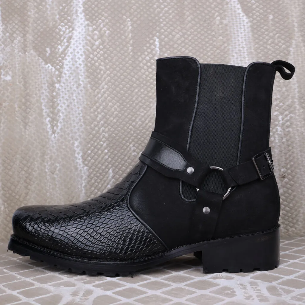 Black Viper Croc-Embossed Leather Boots with Rugged Rubber Sole