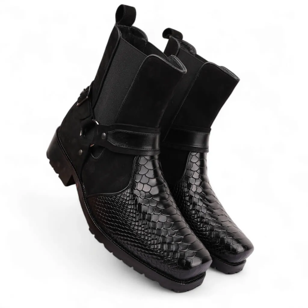 Black Viper Croc-Embossed Leather Boots with Rugged Rubber Sole