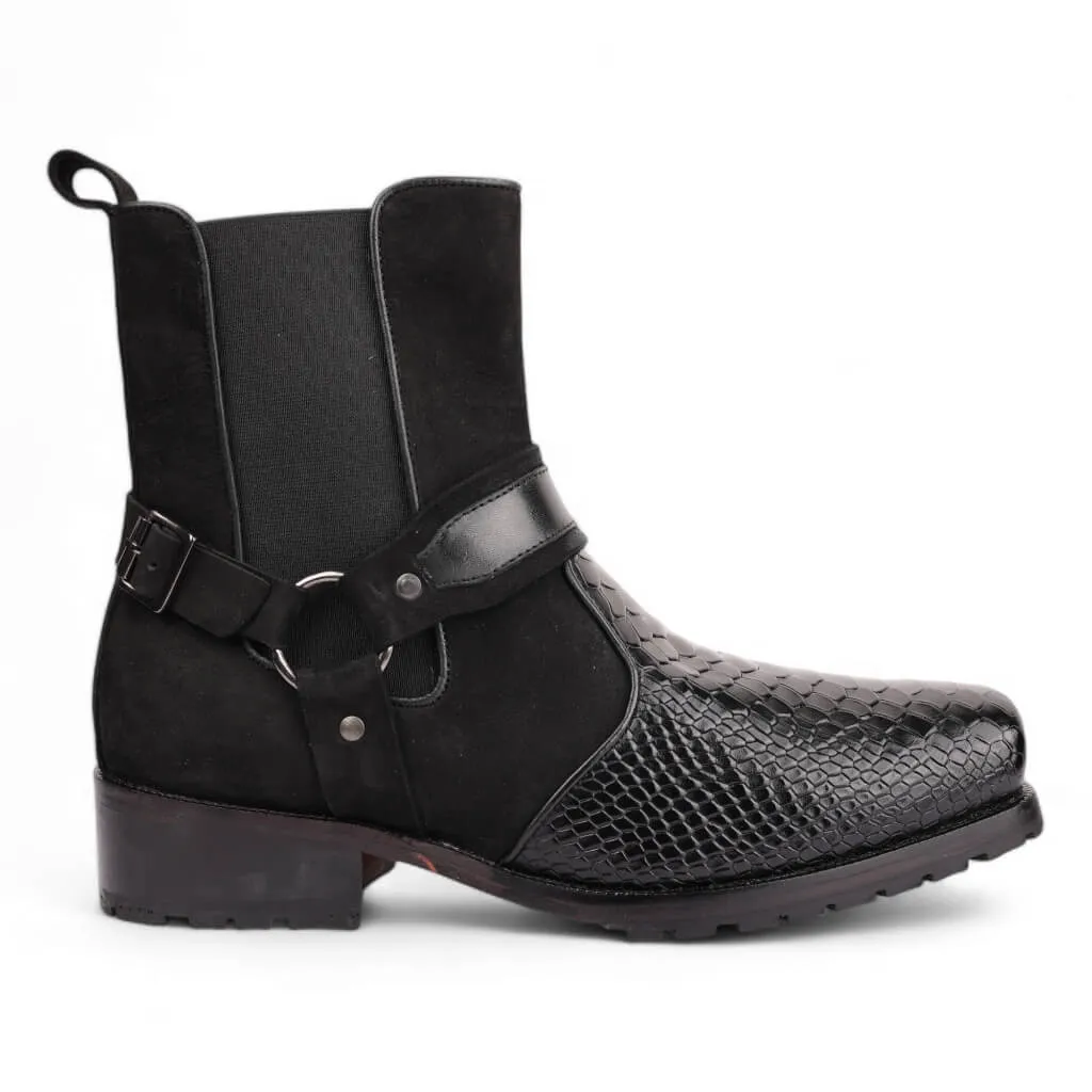 Black Viper Croc-Embossed Leather Boots with Rugged Rubber Sole