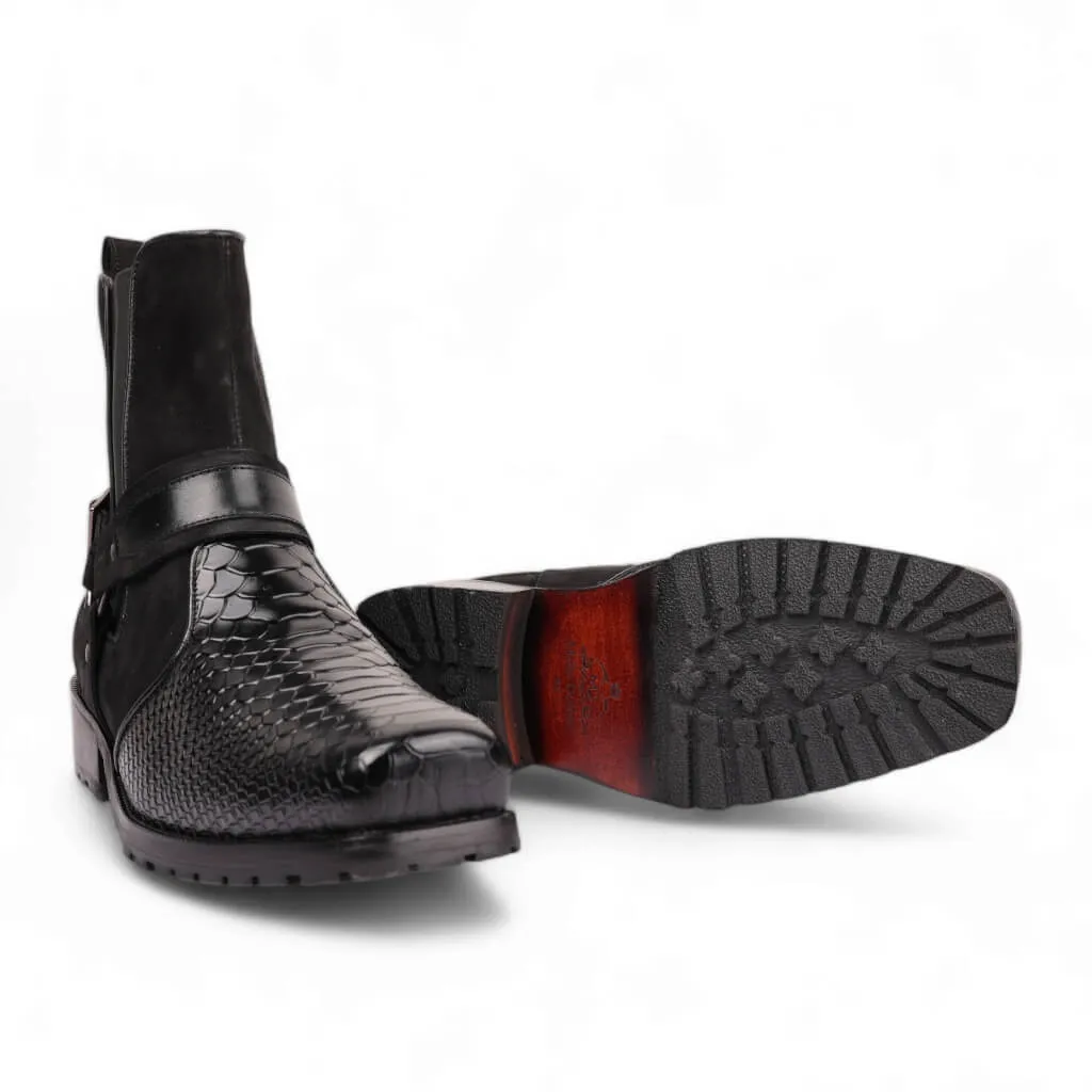 Black Viper Croc-Embossed Leather Boots with Rugged Rubber Sole