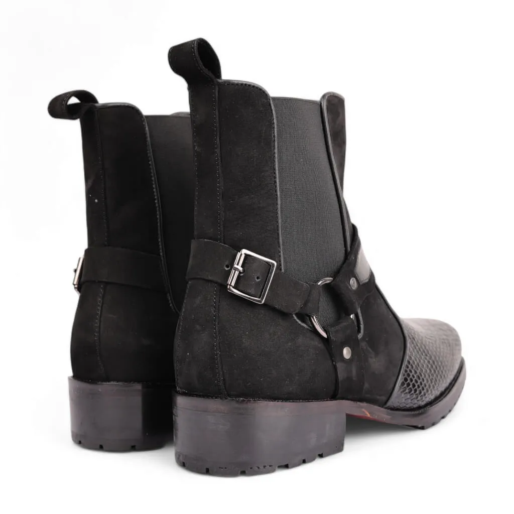 Black Viper Croc-Embossed Leather Boots with Rugged Rubber Sole