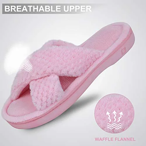 DL Women's Open Toe Cross Band Slippers, Memory Foam Slip on Home Slippers for Women with Indoor Outdoor Arch Support Rubber Sole, Pink, 9-10