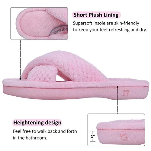 DL Women's Open Toe Cross Band Slippers, Memory Foam Slip on Home Slippers for Women with Indoor Outdoor Arch Support Rubber Sole, Pink, 9-10