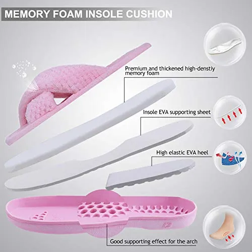 DL Women's Open Toe Cross Band Slippers, Memory Foam Slip on Home Slippers for Women with Indoor Outdoor Arch Support Rubber Sole, Pink, 9-10