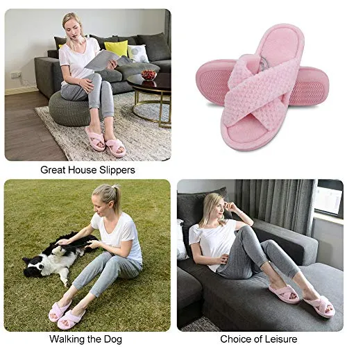 DL Women's Open Toe Cross Band Slippers, Memory Foam Slip on Home Slippers for Women with Indoor Outdoor Arch Support Rubber Sole, Pink, 9-10