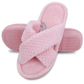 DL Women's Open Toe Cross Band Slippers, Memory Foam Slip on Home Slippers for Women with Indoor Outdoor Arch Support Rubber Sole, Pink, 9-10
