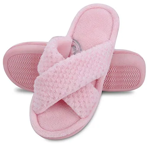 DL Women's Open Toe Cross Band Slippers, Memory Foam Slip on Home Slippers for Women with Indoor Outdoor Arch Support Rubber Sole, Pink, 9-10