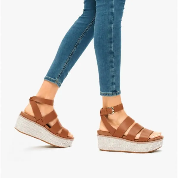 ELOISE Ladies Espadrille Strappy Wedge Sandals Light Tan