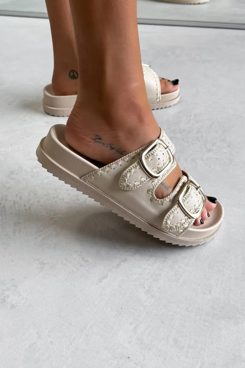 GIO Chunky Embroidered Buckle Sandals - Beige