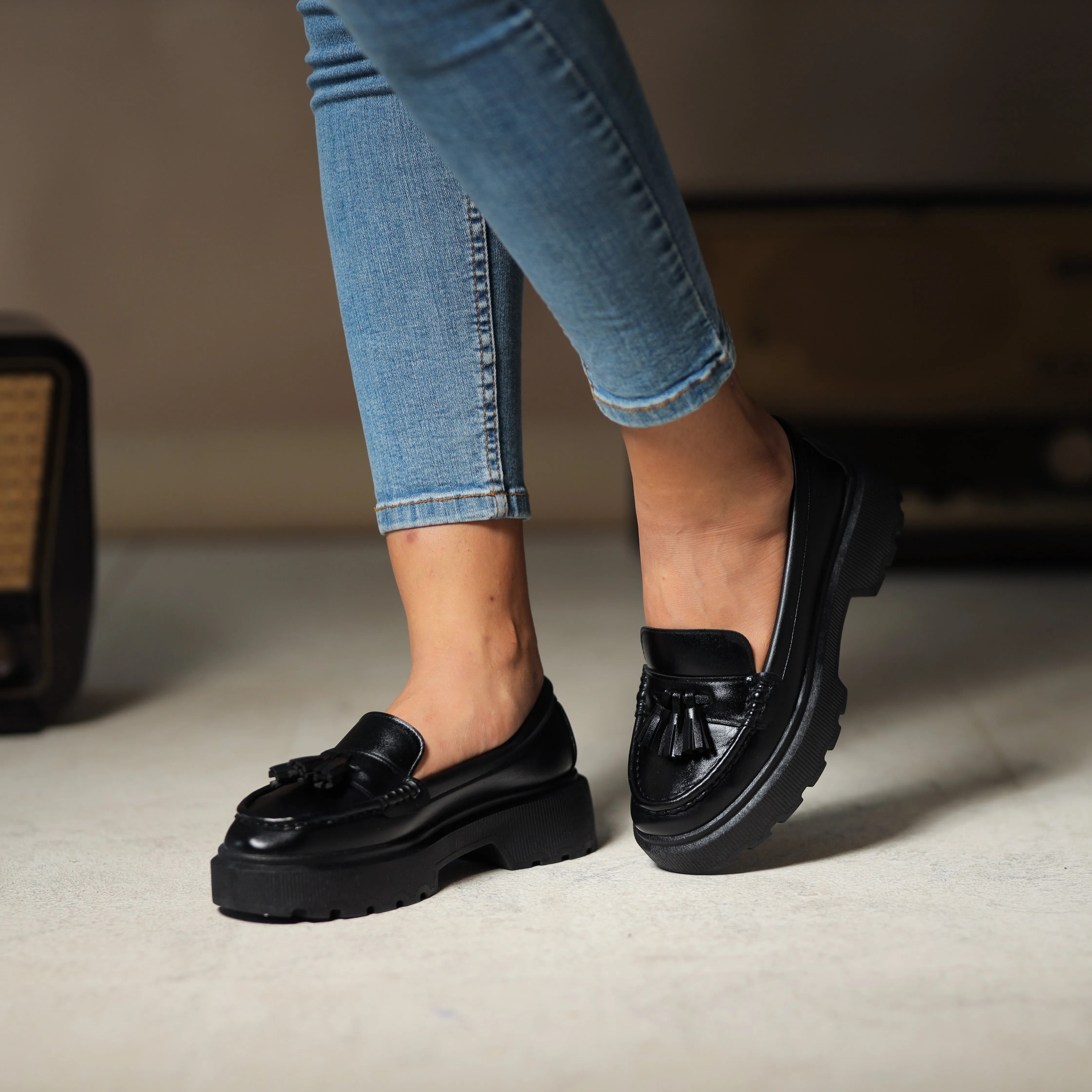 Quality Leather Chunky Bells Loafers - Black