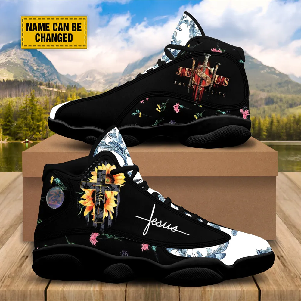 Teesdily | Customized Sunflower Jesus Cross Basketball Shoes, Jesus Saved My Life Running Shoes, Unisex Shoes With Thick Sole