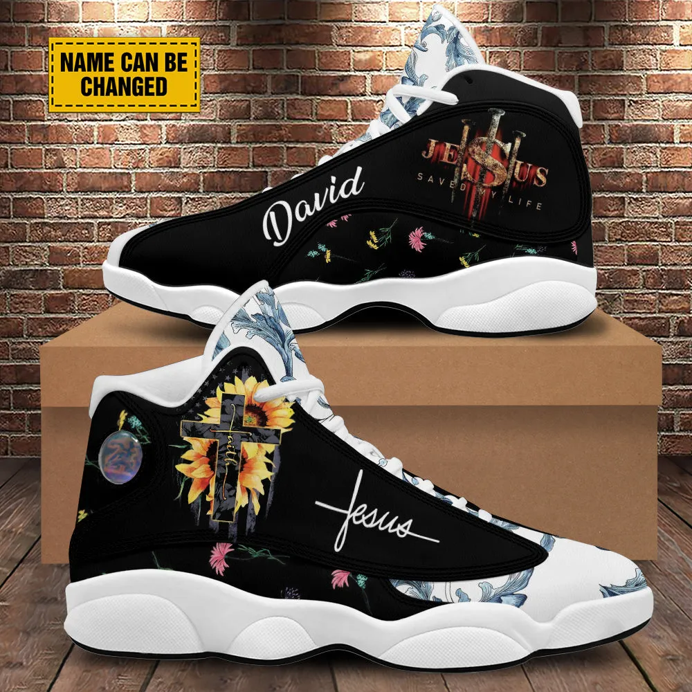 Teesdily | Customized Sunflower Jesus Cross Basketball Shoes, Jesus Saved My Life Running Shoes, Unisex Shoes With Thick Sole