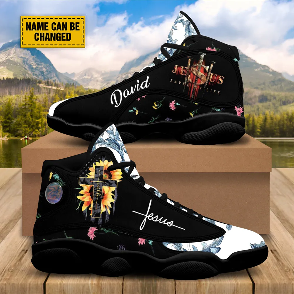 Teesdily | Customized Sunflower Jesus Cross Basketball Shoes, Jesus Saved My Life Running Shoes, Unisex Shoes With Thick Sole