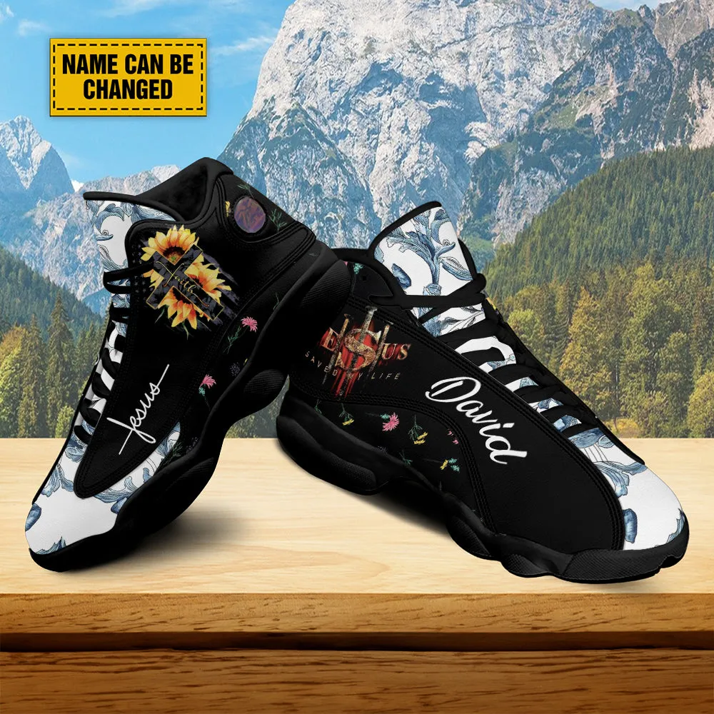Teesdily | Customized Sunflower Jesus Cross Basketball Shoes, Jesus Saved My Life Running Shoes, Unisex Shoes With Thick Sole