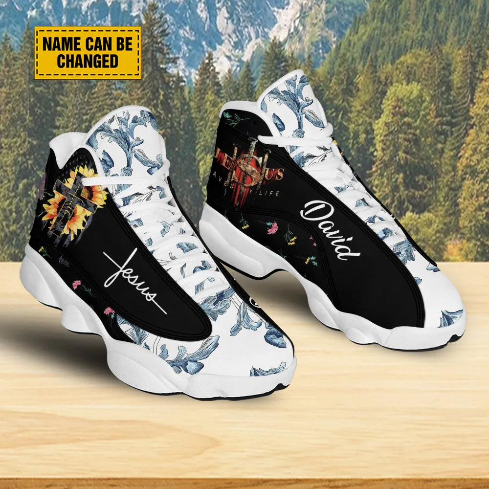 Teesdily | Customized Sunflower Jesus Cross Basketball Shoes, Jesus Saved My Life Running Shoes, Unisex Shoes With Thick Sole