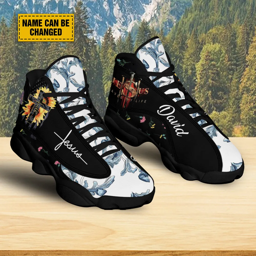 Teesdily | Customized Sunflower Jesus Cross Basketball Shoes, Jesus Saved My Life Running Shoes, Unisex Shoes With Thick Sole