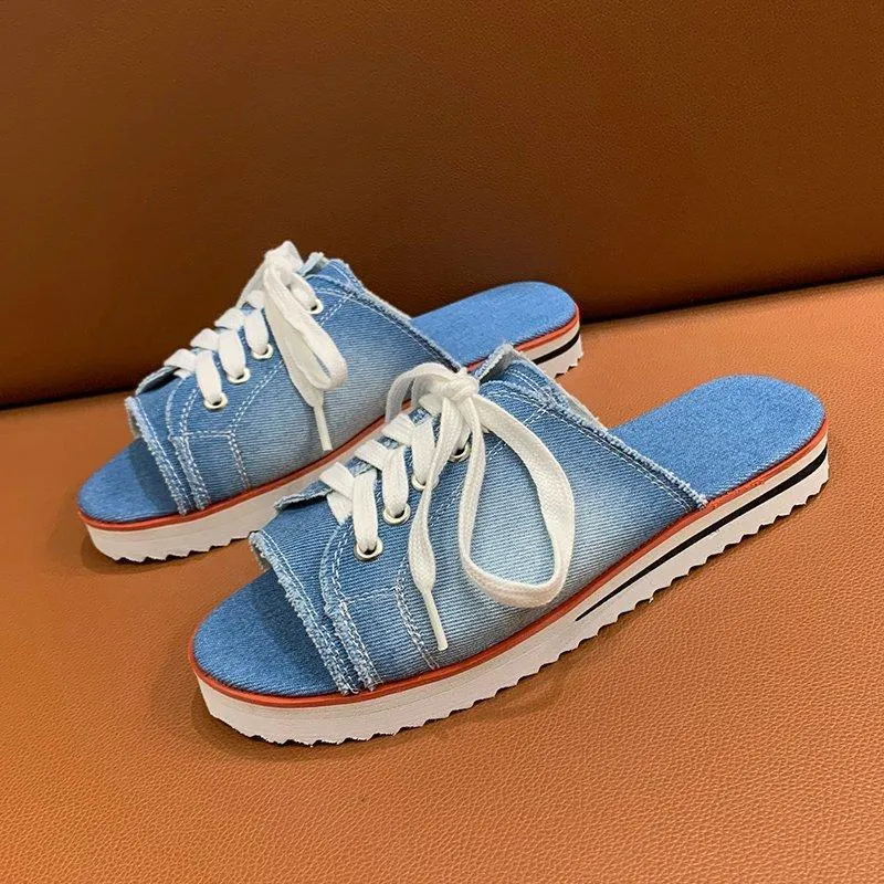 Women peep toe lace up canvas thick sole slide sandals