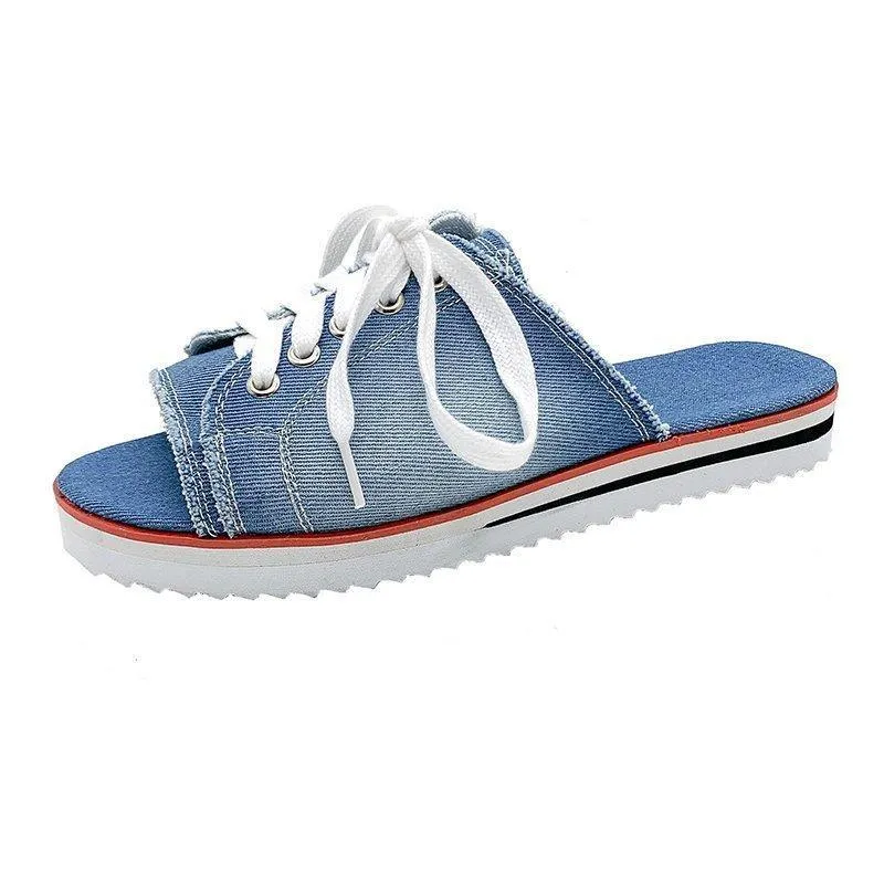Women peep toe lace up canvas thick sole slide sandals