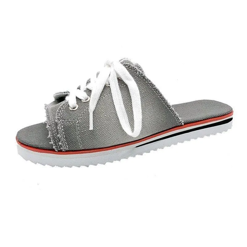 Women peep toe lace up canvas thick sole slide sandals