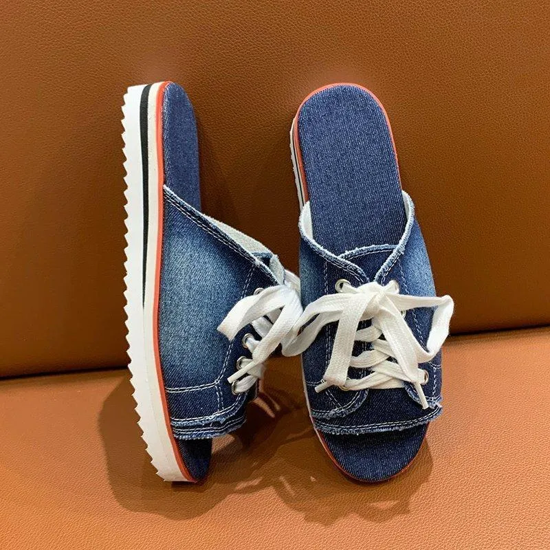 Women peep toe lace up canvas thick sole slide sandals
