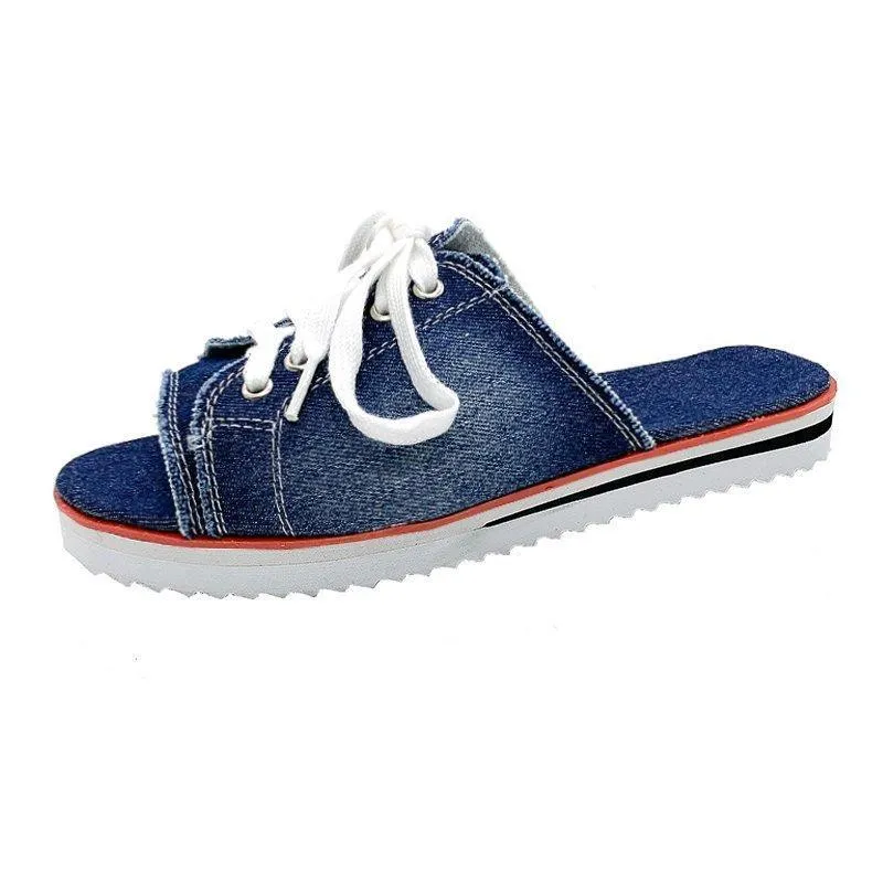 Women peep toe lace up canvas thick sole slide sandals