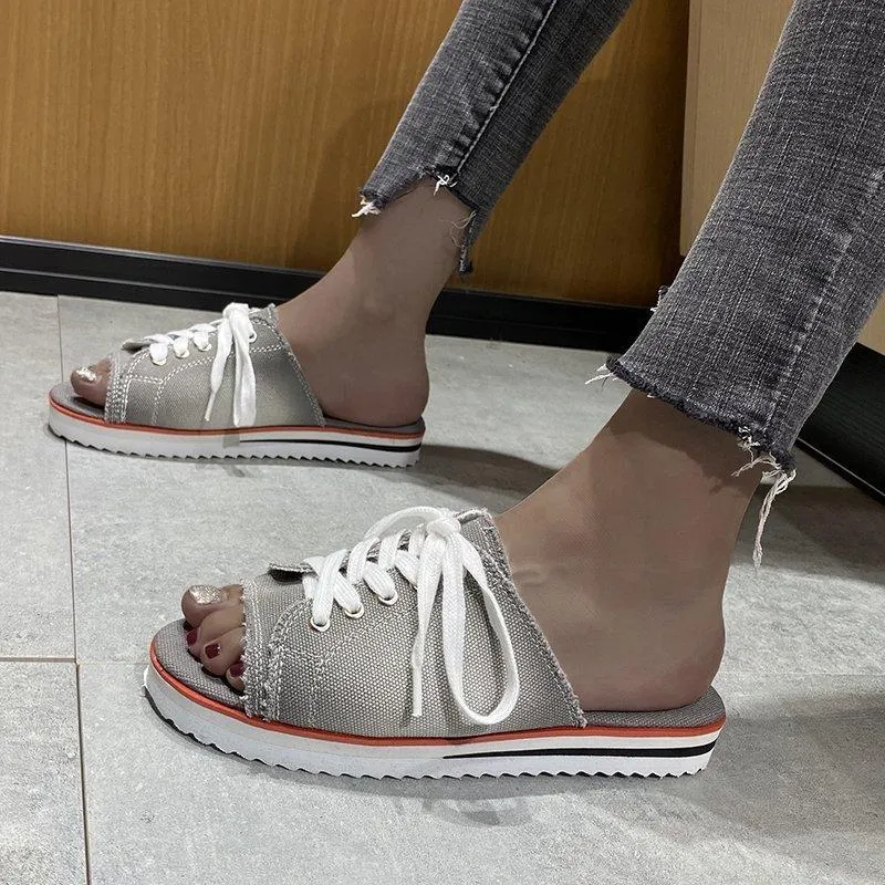 Women peep toe lace up canvas thick sole slide sandals