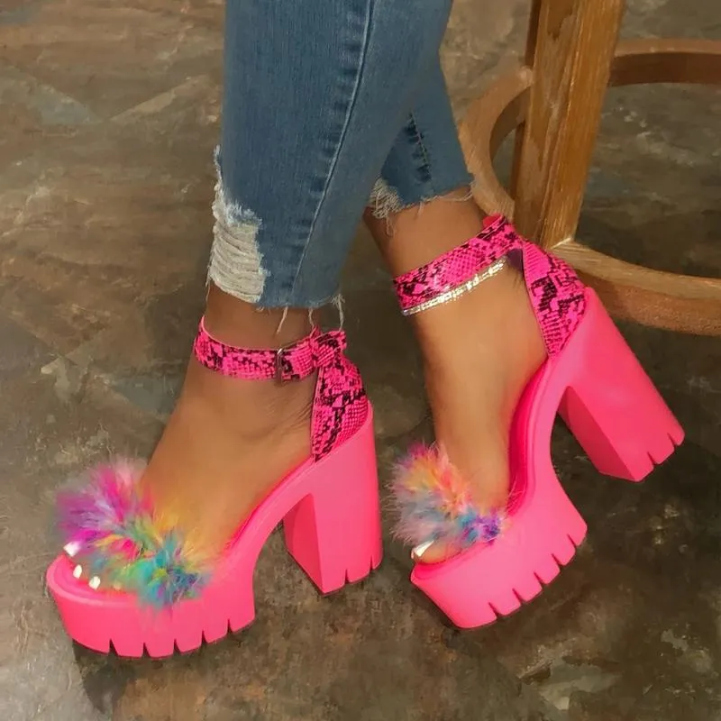 Women Summer Fashion Ankle Strap Furry Platform Sandals