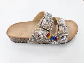 WQ906 LADIES BEIGE SUMMER DIAMANTE DOUBLE BUCKLE SANDALS